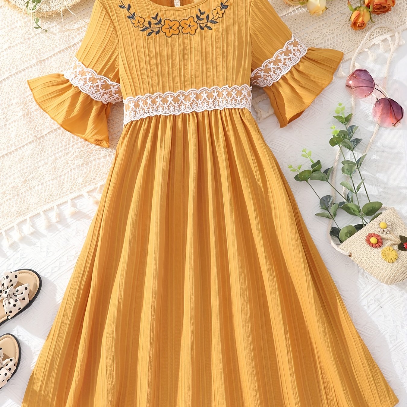 Girl's Floral Lace Ruffled Maxi Dress