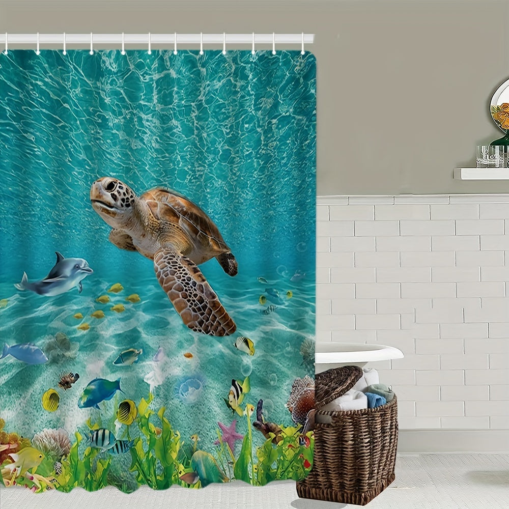 Sea Turtle Shower Curtain Set with Bathroom Rug and Toilet Lid Cover
