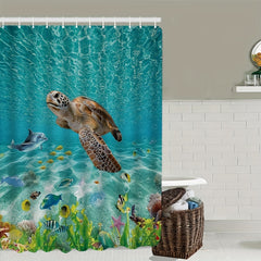 Sea Turtle Shower Curtain Set with Bathroom Rug and Toilet Lid Cover