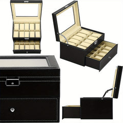 2-Layer Watch Storage Box 20 Watches Leather Case Lock
