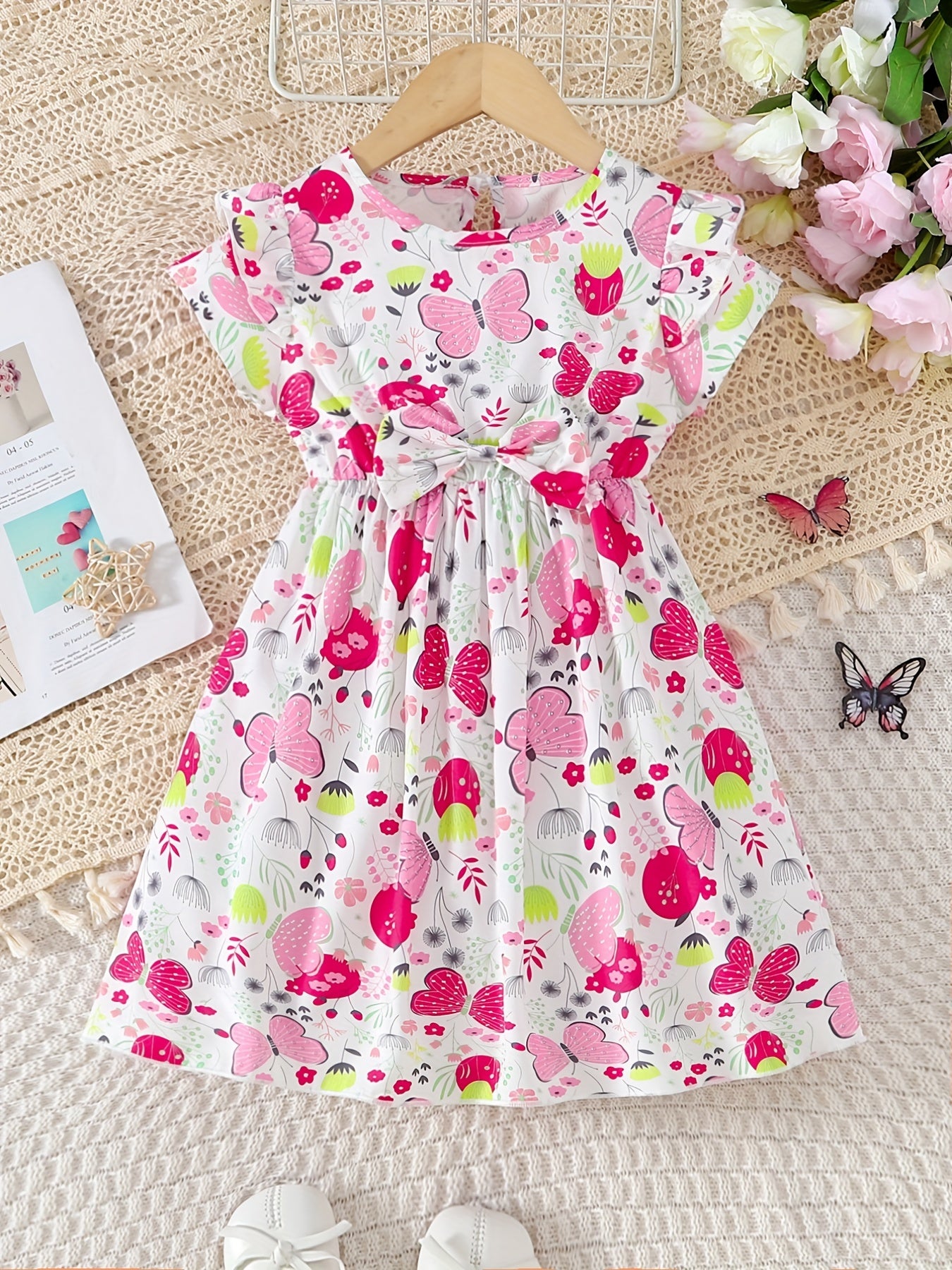 Girls Butterfly Print Ruffles Round Neck Princess Dress