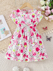 Girls Butterfly Print Ruffles Round Neck Princess Dress