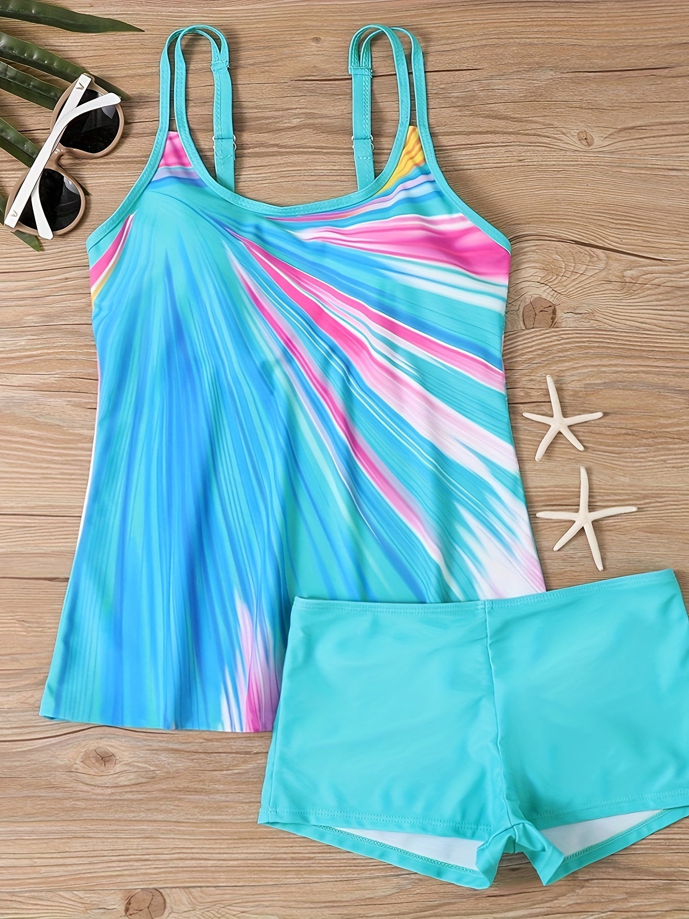 Vacay Tankini Set Women's Plus Stripe Print Round Neck Cami Top & Shor