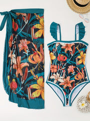 Boho Tankini Set Women's Plus Floral Print Ruffle Trim Swimsuit