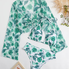 3pcs Floral Print Bikini Set Plus Size with Cover Up Tops Women's Vacation Swims