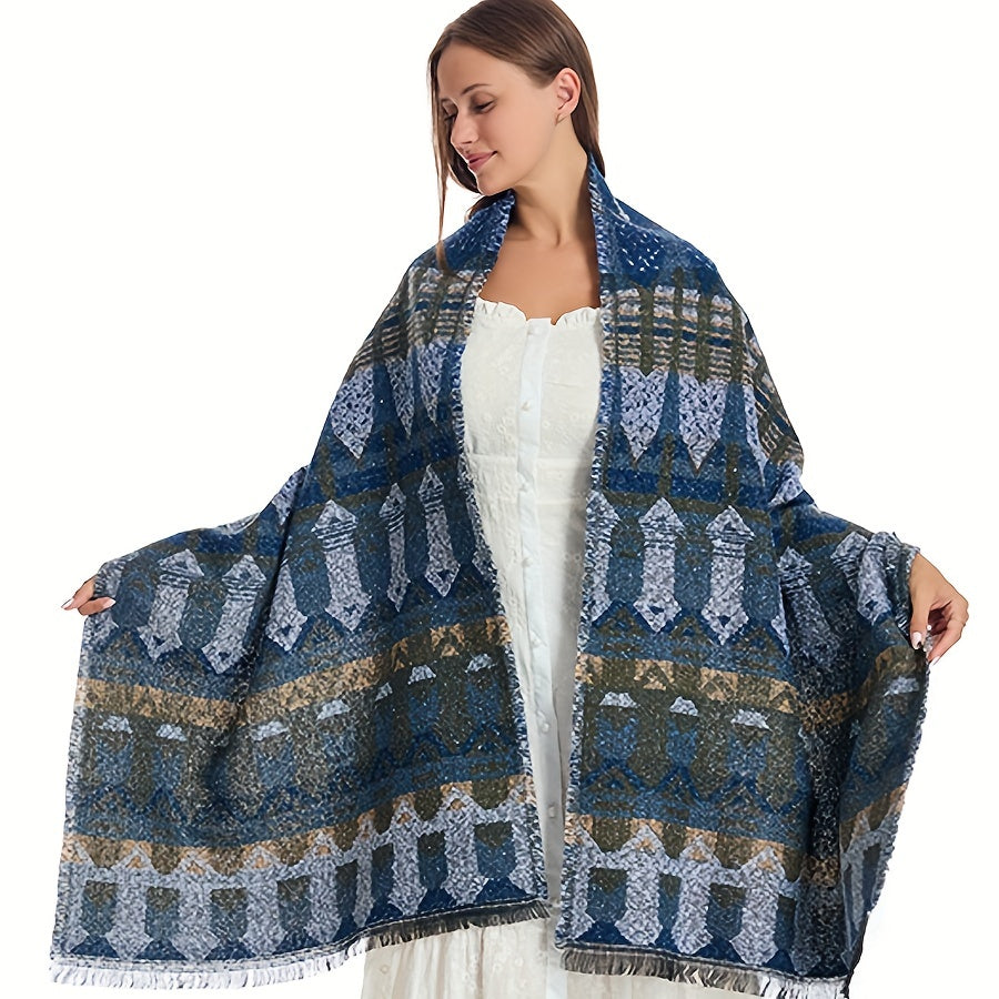 Geometric Printed Warm Shawl Wrap for Winter Coldproof Fringed Blanket