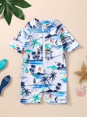 Baby Girls Coconut Tree Print Swimsuit Short Sleeve Kids Beach Jumpsuit