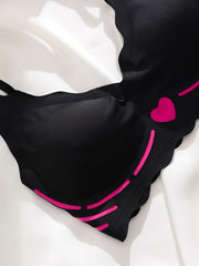 Heart Print Wireless Bra Comfy & Breathable Scallop Trim Bra