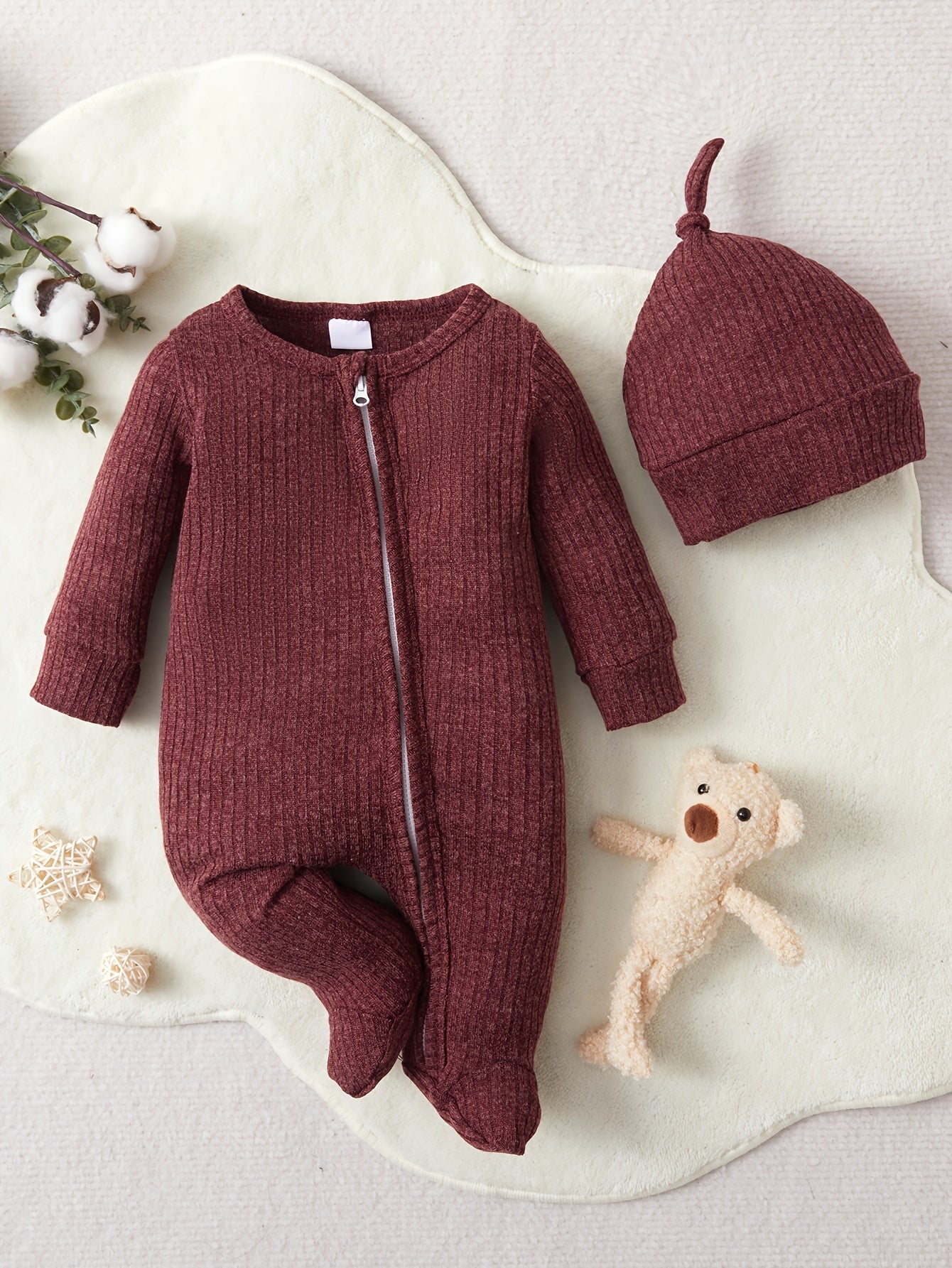 2pcs Baby Unisex Zipper Romper & Hat Set