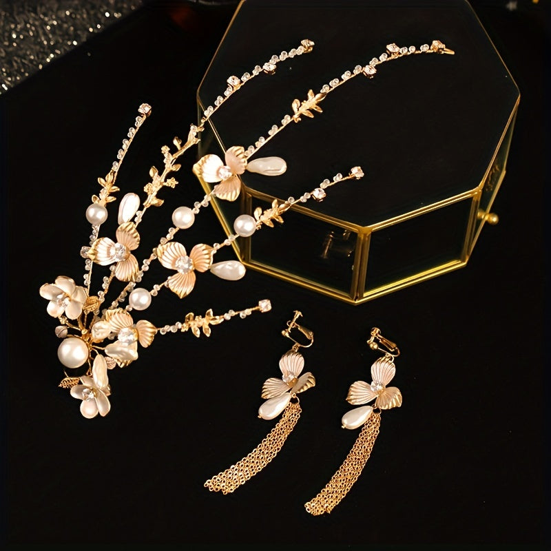 Faux Pearl Flower Head Piece With Earrings Set Wedding Hair Accessories