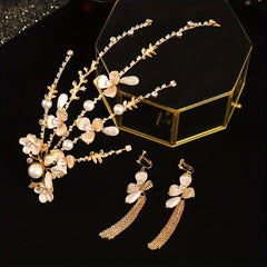 Faux Pearl Flower Head Piece With Earrings Set Wedding Hair Accessories