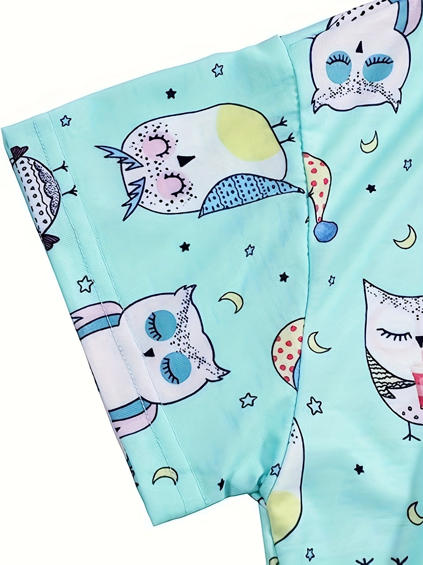 Cartoon Owl Print Pajama Set Short Sleeve V Neck Top & Elastic Waistband Pants