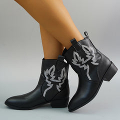 Women's Embroidery Western Boots Slip On Ankle Boots