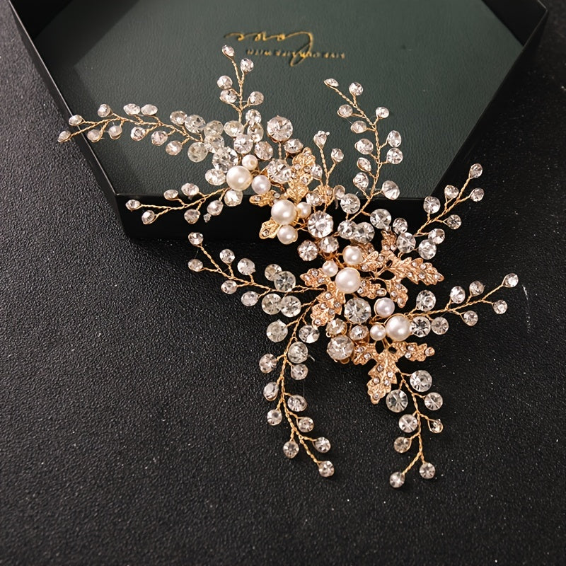 Golden Faux Pearl Bridal Comb Floral Wedding Crystal Rhinestone Comb