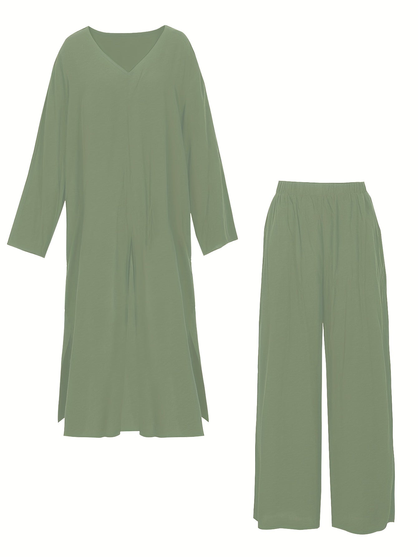 Plus Size Solid V Neck Tee & Wide Leg Pants Two Piece Set