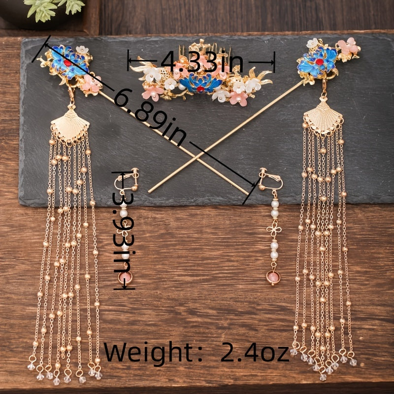 Chinese Style Pearl Flower Tassels Hairpin Headband For Women Girl