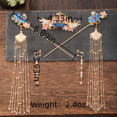 Chinese Style Pearl Flower Tassels Hairpin Headband For Women Girl