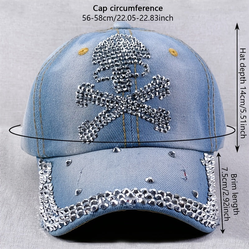 Washed Distressed Baseball Cap Rhinestone Skull Denim Dad Hats Light Adjustable
