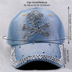 Washed Distressed Baseball Cap Rhinestone Skull Denim Dad Hats Light Adjustable