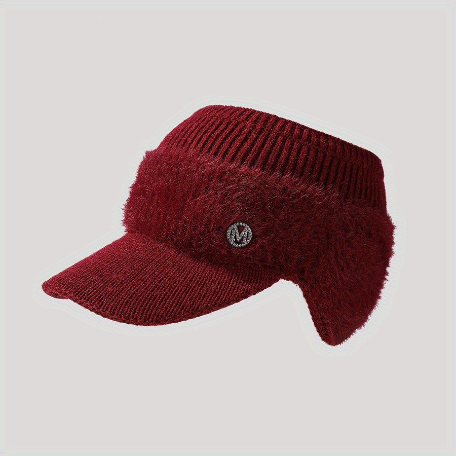 Rhinestone M Label Knit Hat Solid Thick Cold Proof Ear Protection Warm Hat