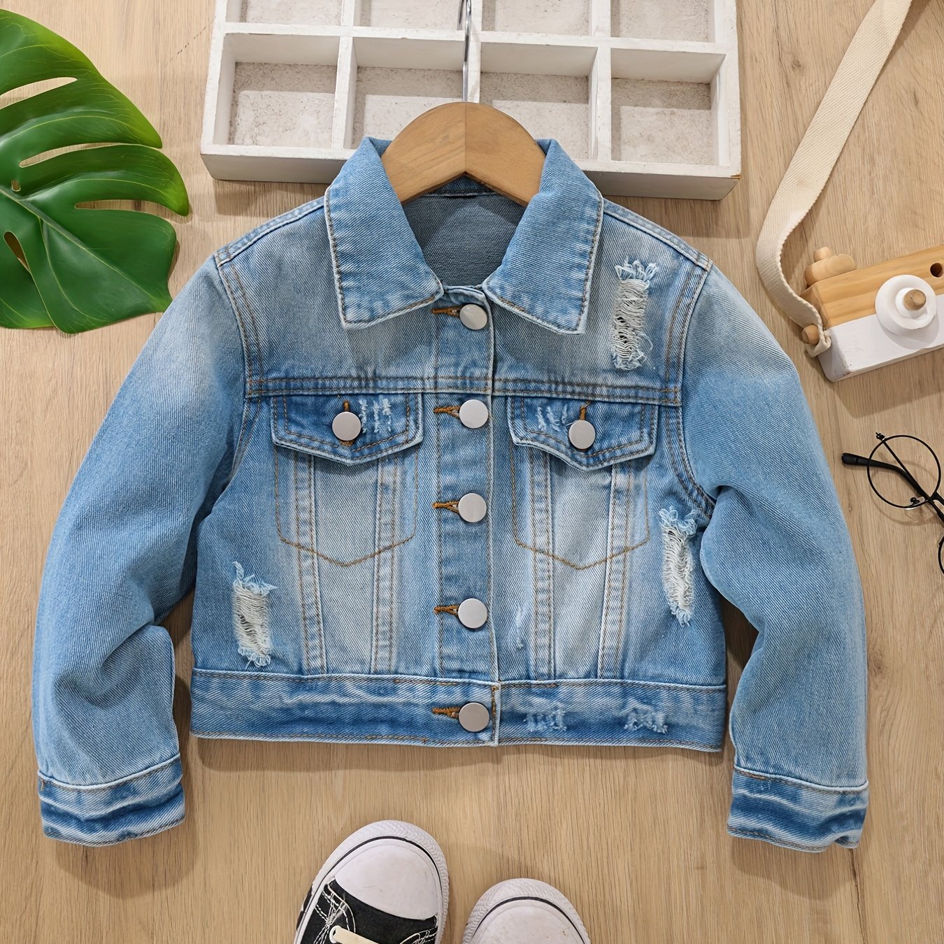 Girls Ripped Denim Jacket Button Down Long Sleeve Coat