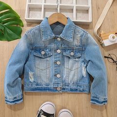 Girls Ripped Denim Jacket Button Down Long Sleeve Coat