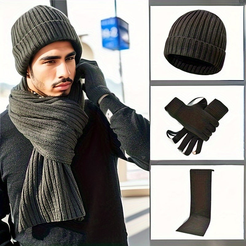 Thick Knit Hat Scarf Gloves Set Men Women
