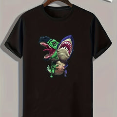 Dino & Shark Print Men's Graphic Tee Summer Casual T-shirt