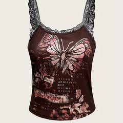 Y2K Butterfly Print Lace Strap Cami Top