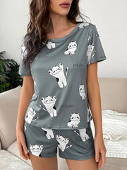 Cat Print Pajama Set Short Sleeve Top & Bow Shorts