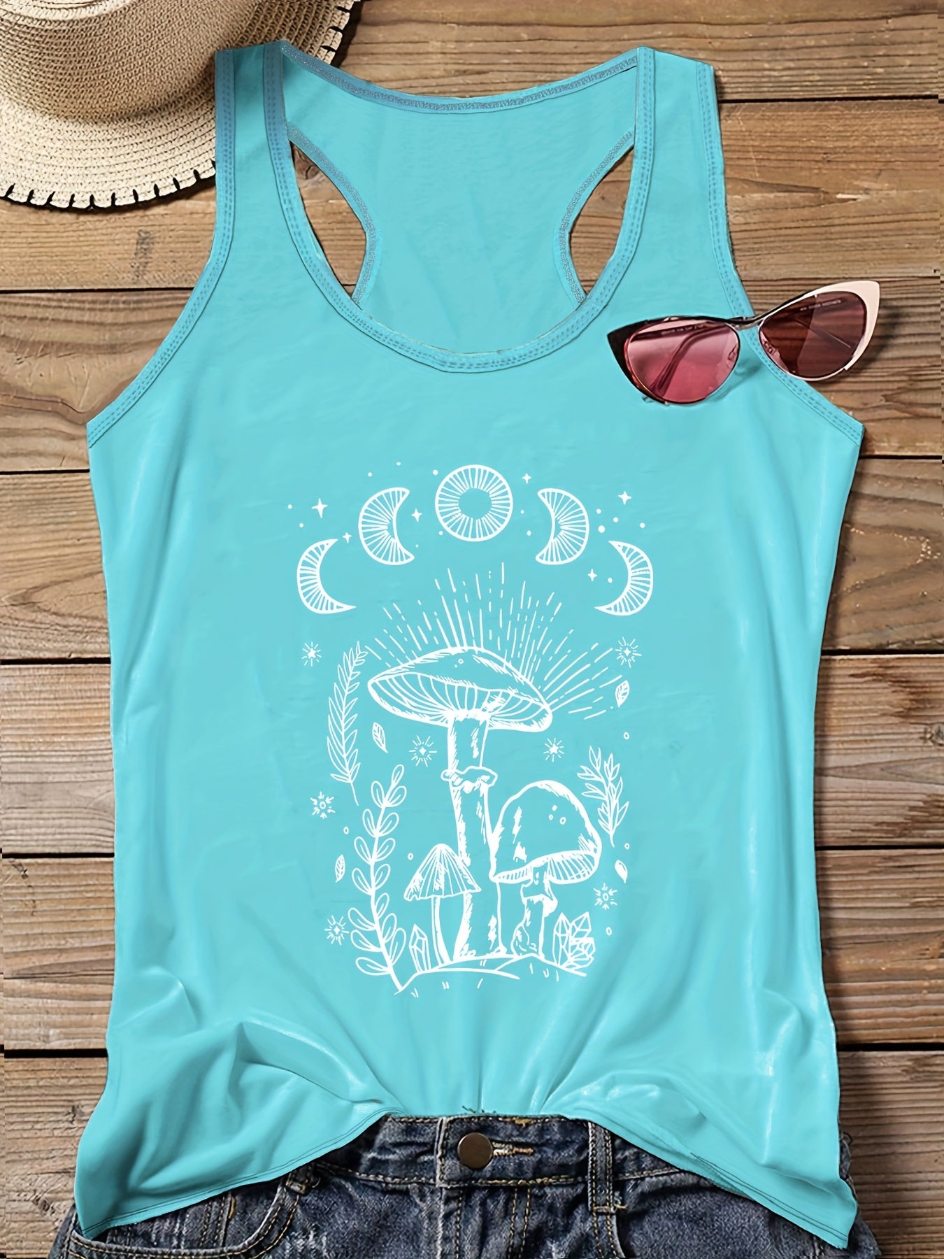 Mushroom Print Round Neck Tank Top