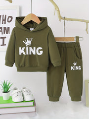 Baby Boy's Hooded KING Print Sweatshirt Pants Set
