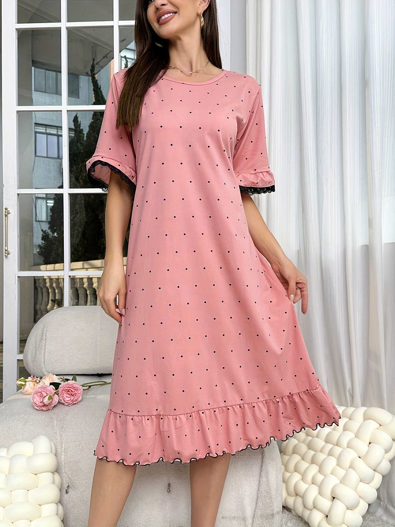 Polka Dot Ruffle NightDress Lace Trim Pajama Dress