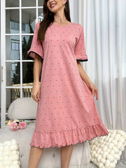 Polka Dot Ruffle NightDress Lace Trim Pajama Dress