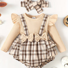 Baby Girls Bow Plaid Long Sleeve Cotton Creeper Romper