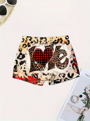Plaid Heart & Letter Print Shorts Skinny Shorts For Spring & Summer