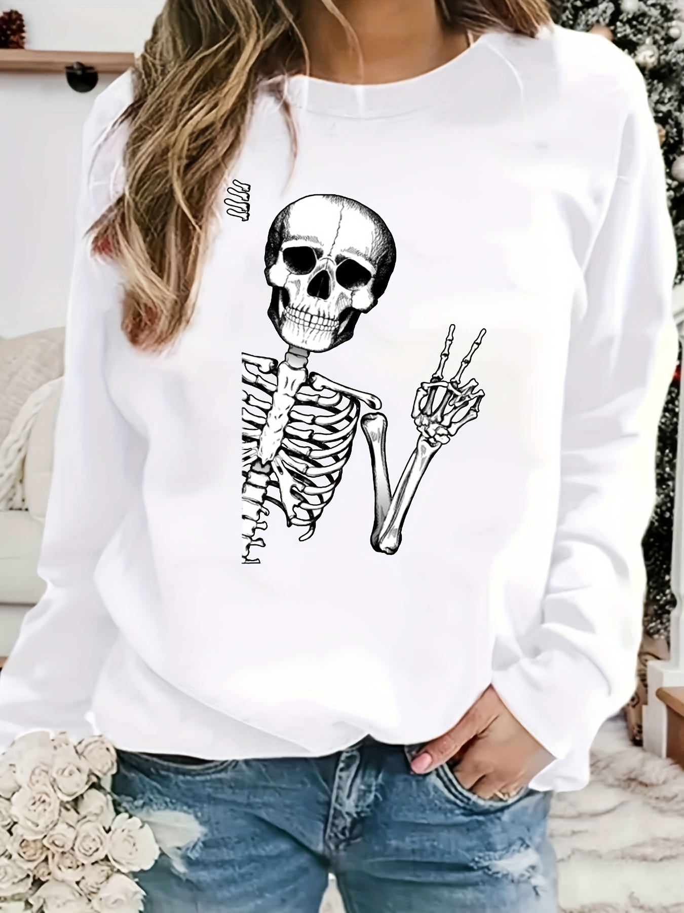 Halloween Skull Printed Sweatshirt for Women