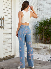 Front Split Pink Floral Print High Rise Denim Pants