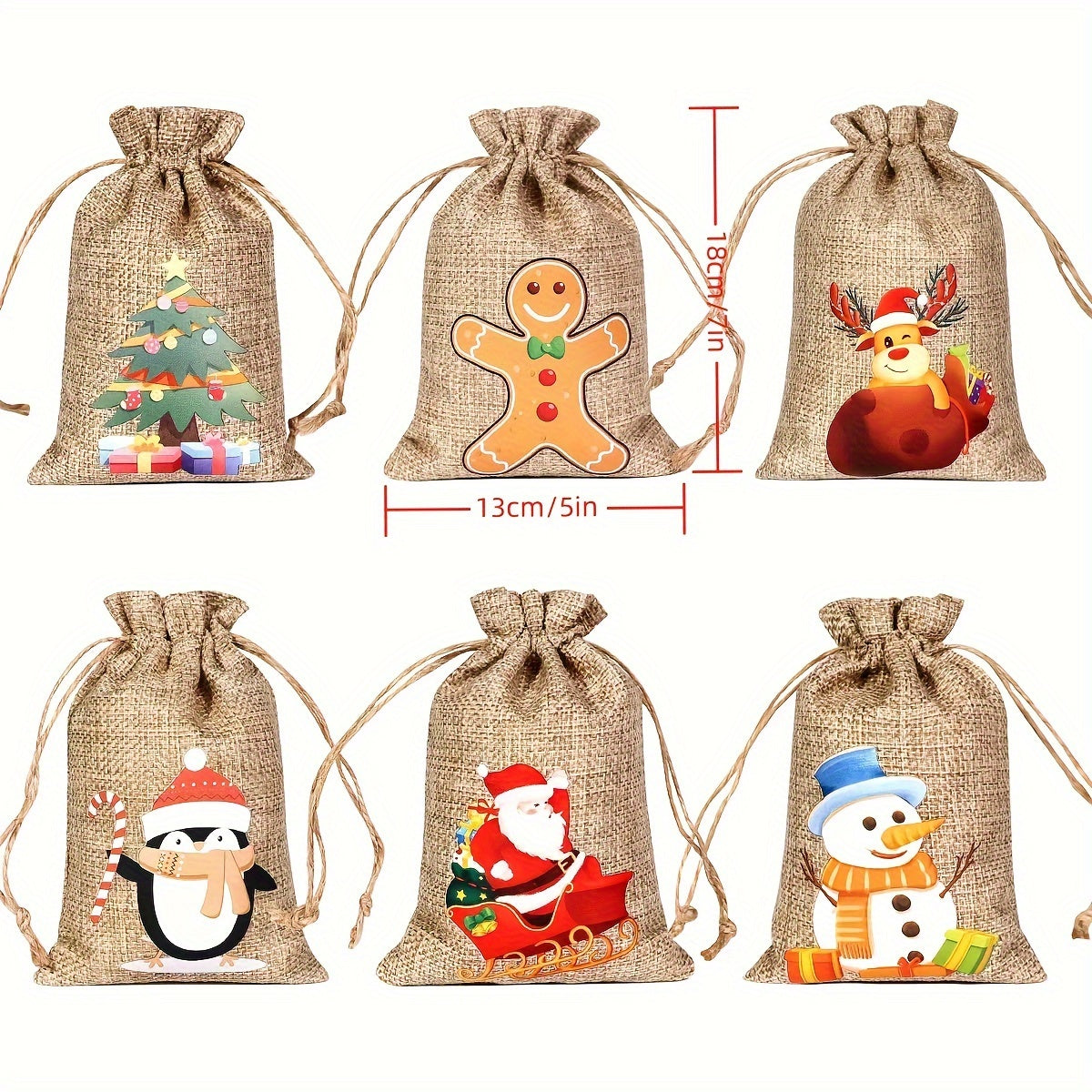 6pcs Xmas Jute Linen Drawstring Gift Bags for Favors Navidad