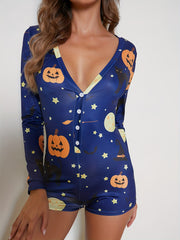 Halloween Pumpkin Print Pajama Romper V Neck Pajamas Women's Lingerie