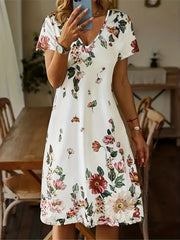 Floral V Neck Dress Short Sleeve Casual Summer Dress