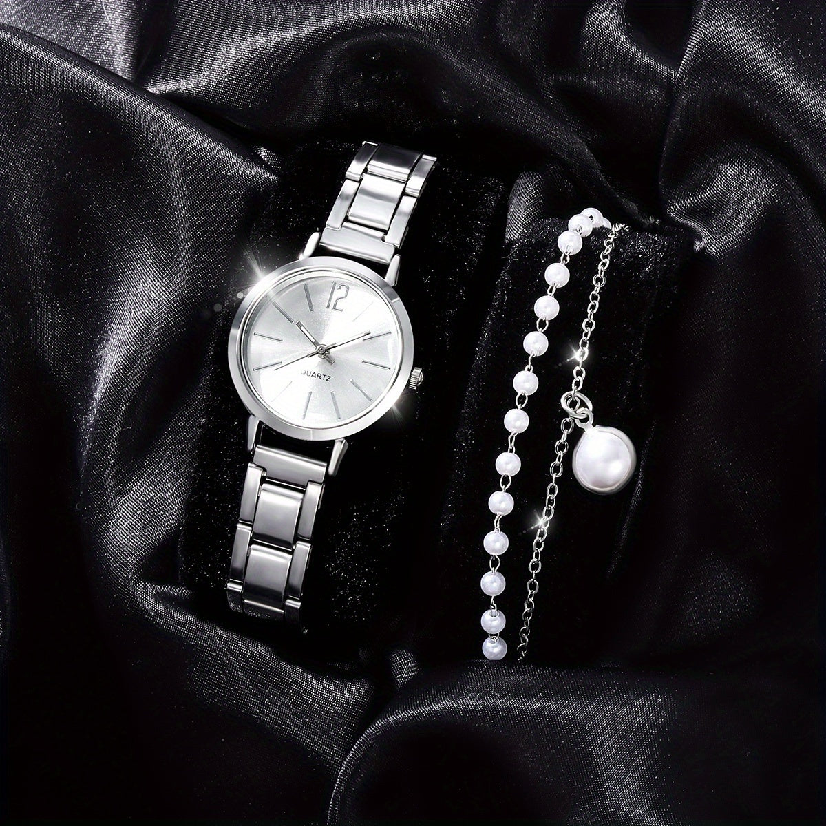 2pcs Children's Quartz Wristwatch & Bracelet Set, Pearl Butterfly Jewelry