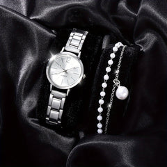 2pcs Children's Quartz Wristwatch & Bracelet Set, Pearl Butterfly Jewelry