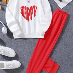 Happy Print Girl's 2pcs Sweatshirt & Sweatpants Set for Spring Fall