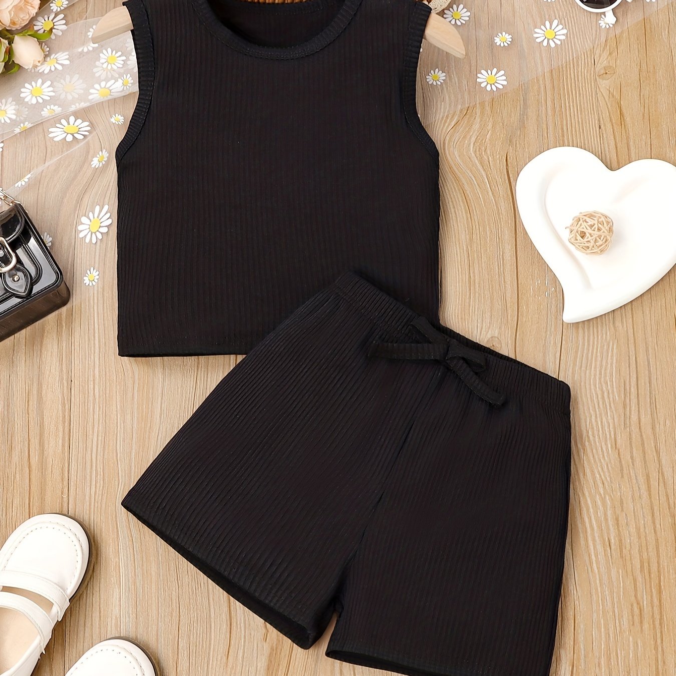 2pcs Toddler Girls Ribbed Knit Tank Top & Bow Front Shorts Set