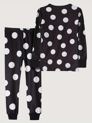 Girl's Dots Print Pajama Set Polyester Elastane Crew Neck Pants