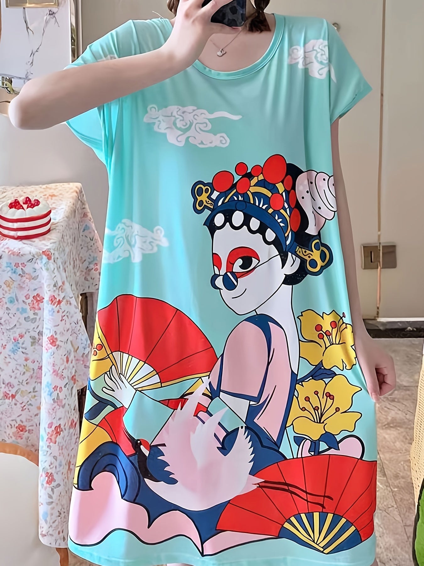 Cartoon Print Loose Sleep Dress & Short Sleeve Women's Loungewear