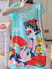 Cartoon Print Loose Sleep Dress & Short Sleeve Women's Loungewear