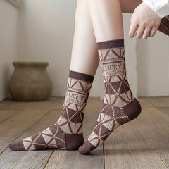 Letter Print Argyle Socks All Match Mid Tube Women's Stockin