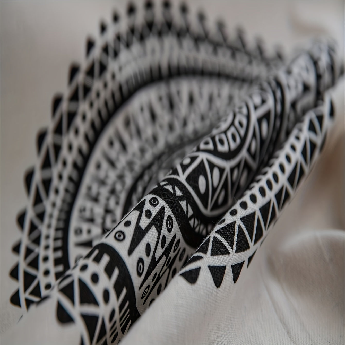 Boho Geometric Print Cream Curtain With Fringe - Semi Blackout